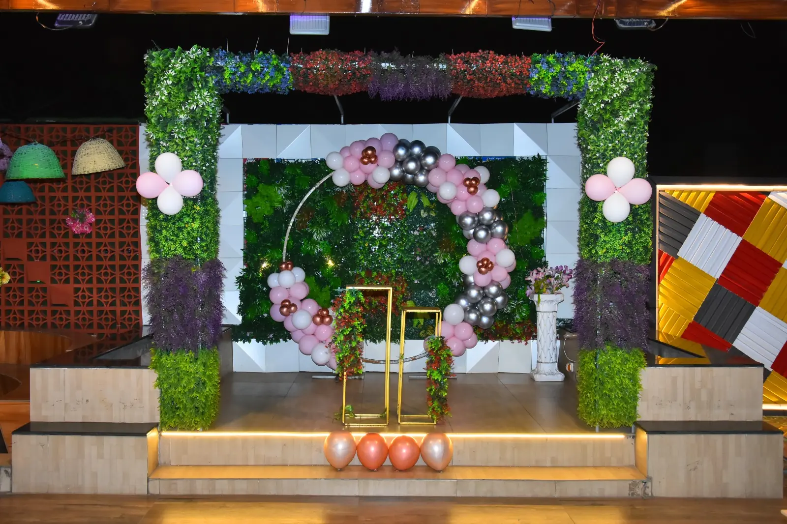 Pink and rose gold balloon arch birthday decor