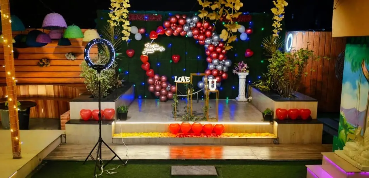 Love You heart balloon setup on wooden deck at JD Sky Dine